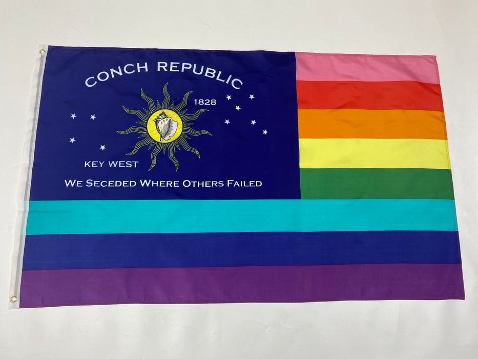 Conch Republic Flag and 8 Stripe Key West Rainbow LGBTQ Gay Lesbian Silk Screen Printed Flag Package